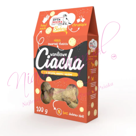 SYTA MICHA Ciastka dla psa Waniliowe ciacha z dziczyzną, kokosem i morelami 100g