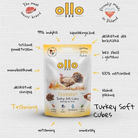 Ollo AIR-DRIED SOFT TURKEY CUBES 80G monobiałkowe smaczki/ trenerki z indyka
